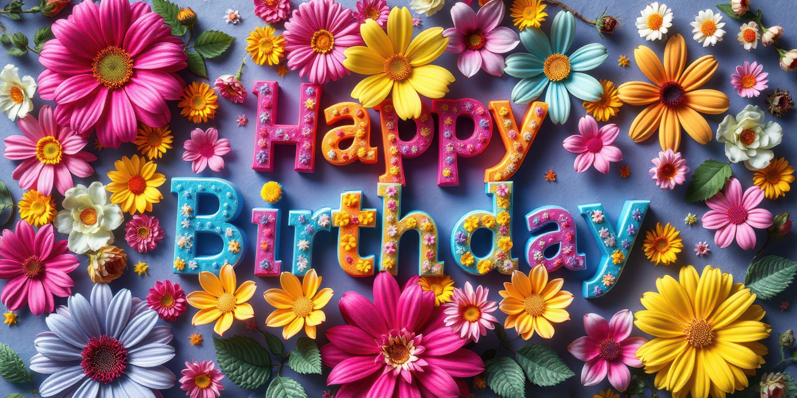 Colorful flowers surround a cheerful birthday greeting on a blue background in a festive display full of joy